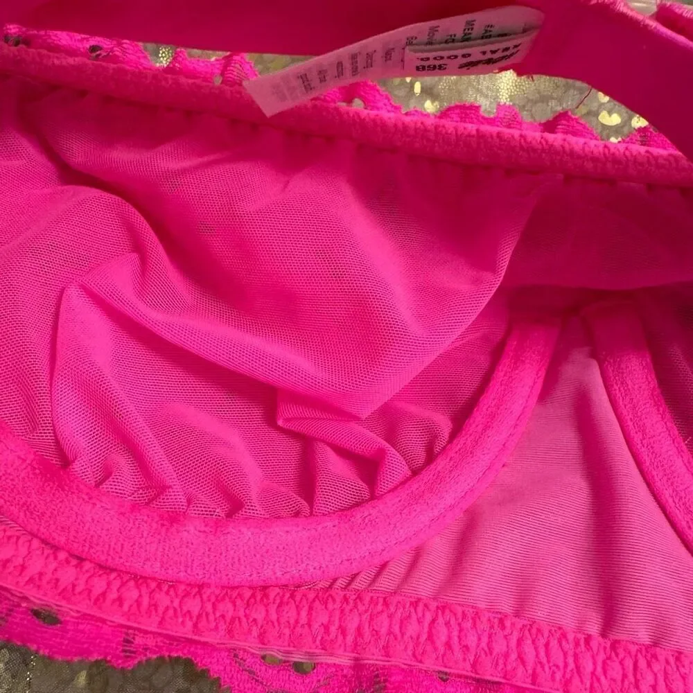 Aerie Real Power Beach Days Lace Unlined Bandeau Bra Neon Hot Pink 36B